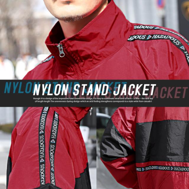 スタンドジャケットメンズレディースナイロンロゴ刺繍ビッグシルエット【ナイロンスタンドジャケット】アウタースタンドカラーウィンドブレーカー大きめ軽量ロゴテープカジュアルスポーツビター系BITTER 5
