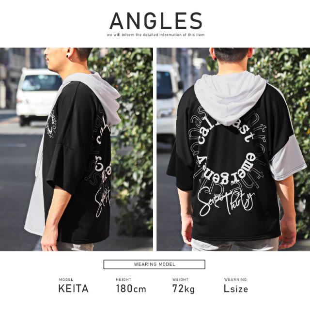 パーカーメンズ半袖七分袖ビッグシルエットロゴ刺繍春夏【サークルロゴ刺繍クレイジー切替7分袖パーカー】Tパーカードルマンスリーブトップスフードモノトーンカジュアルストリート韓国系 8