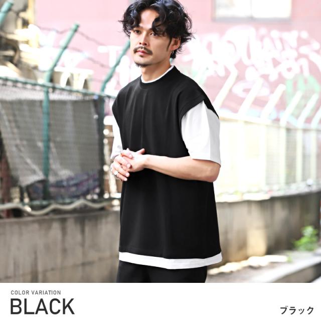 Tシャツ メンズ 半袖 ビッグシルエット フェイクレイヤード 重ね着風 無地 メンズTシャツ カットソー 半袖Tシャツ モックネック ジョーゼット レイヤード ルーズ ゆったり カジュアル 春夏 aa-2545 3