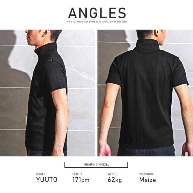 ポロシャツメンズ半袖ハーフZIPトップスカットソー無地立て襟半袖ポロシャツハイネックポロヘリンボーンジャガードストライプきれいめBITTERビター系お兄系夏aa-2470 7