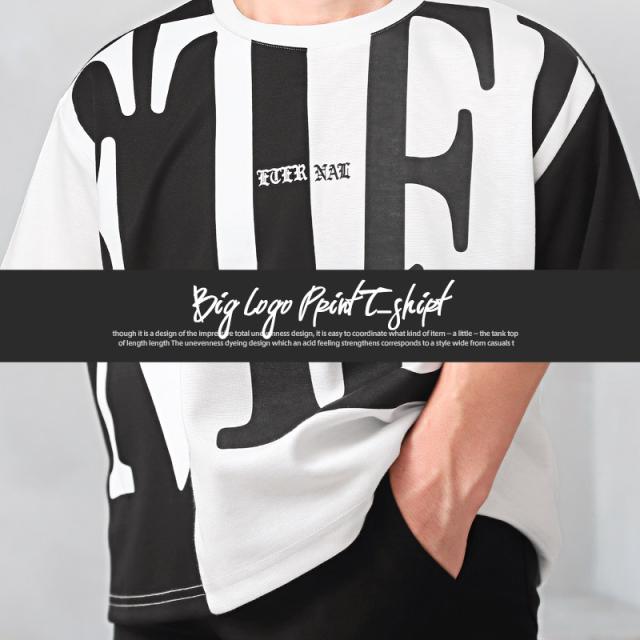 Tシャツ メンズ 半袖 ビッグロゴ プリント バイカラー メンズTシャツ 半袖Tシャツ カットソー クルーネック ロゴプリント 英字 ホワイト ブラック カジュアル ストリート 韓国 春夏 aa-2582 5