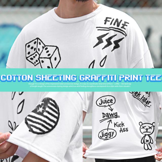 Tシャツ メンズ 半袖 落書き風 ビッグシルエット 発泡プリント ロゴ カットソー イラスト 天竺 プリント クルーネック カジュアル ストリート 春 夏 6