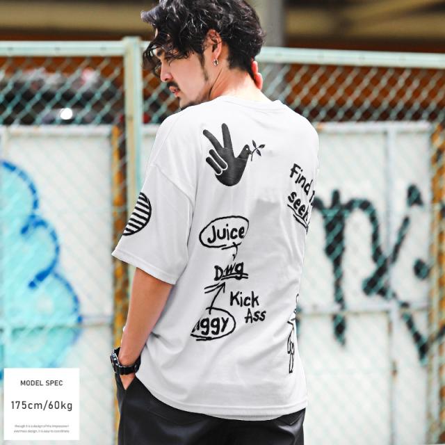 Tシャツ メンズ 半袖 落書き風 ビッグシルエット 発泡プリント ロゴ カットソー イラスト 天竺 プリント クルーネック カジュアル ストリート 春 夏 4