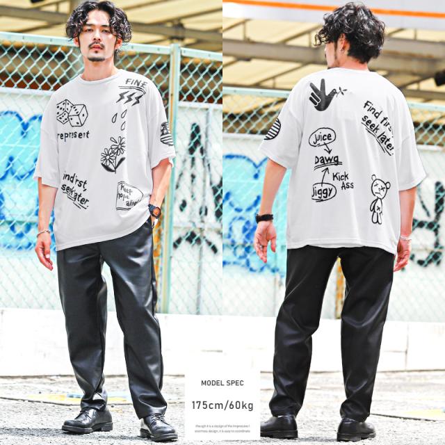 Tシャツ メンズ 半袖 落書き風 ビッグシルエット 発泡プリント ロゴ カットソー イラスト 天竺 プリント クルーネック カジュアル ストリート 春 夏 5