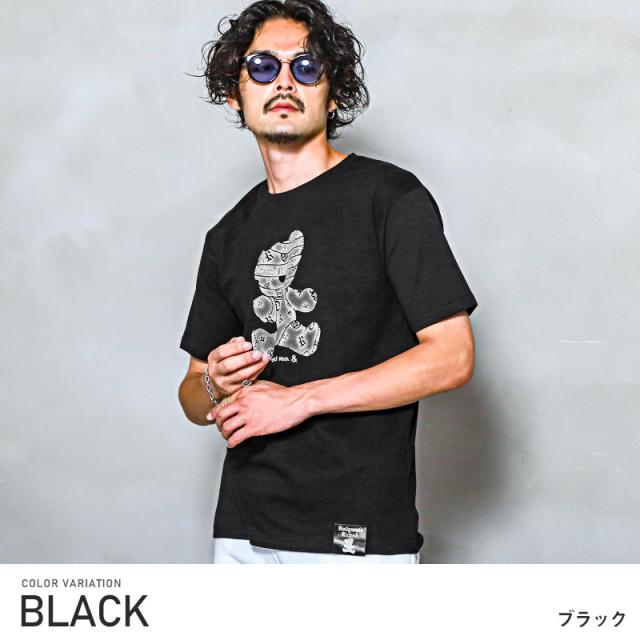 Tシャツ メンズ 半袖  テディベア ロゴ ラインストーン カットソー プリント クマ バックプリント 綿 クルーネック カジュアル ストリート ビター 春 夏 3