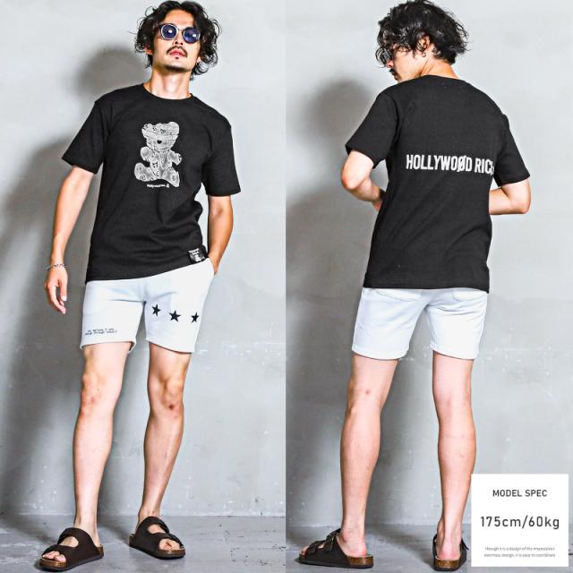 Tシャツ メンズ 半袖  テディベア ロゴ ラインストーン カットソー プリント クマ バックプリント 綿 クルーネック カジュアル ストリート ビター 春 夏 5