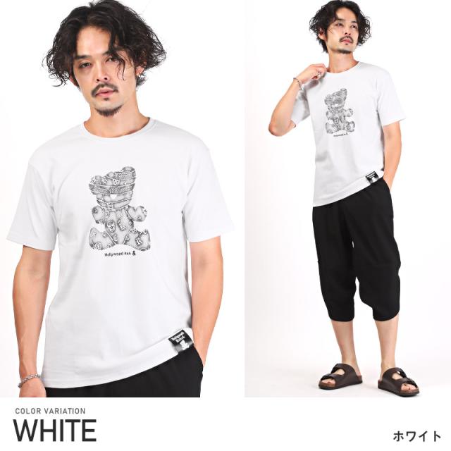 Tシャツ メンズ 半袖  テディベア ロゴ ラインストーン カットソー プリント クマ バックプリント 綿 クルーネック カジュアル ストリート ビター 春 夏 7