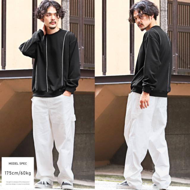 トレーナーメンズレディース長袖スウェットビッグシルエット切替トリムステッチメンズトレーナークルーネックステッチ加工オーバーサイズドロップショルダーゆったりシンプル春秋aa-2708 4