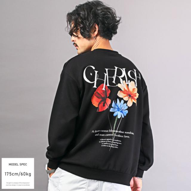 トレーナーメンズレディース長袖スウェットビッグシルエットバックプリントフラワー花柄ロゴメンズトレーナーフォトプリントドロップショルダーホワイトブラックストリート韓国春秋aa-2711 7