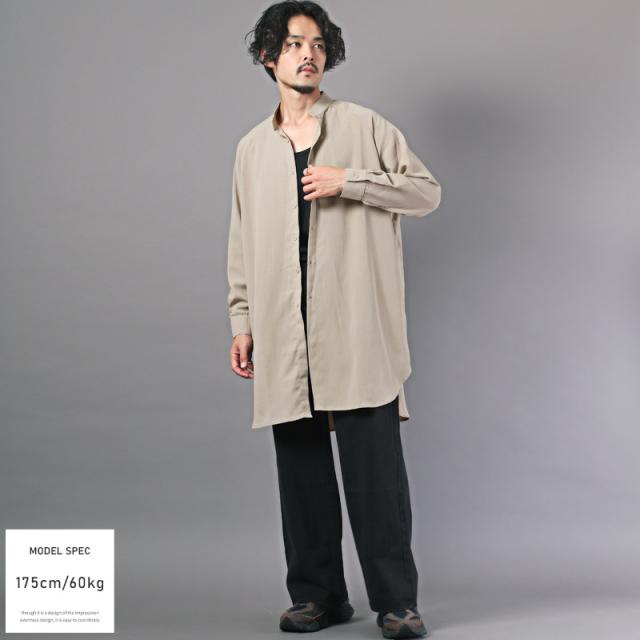 シャツ メンズ レディース 長袖 ノーカラー ジョーゼット ロング丈 カットソー 無地 バンドカラー サイドスリット ビッグシルエット 羽織り 薄手 モード 7