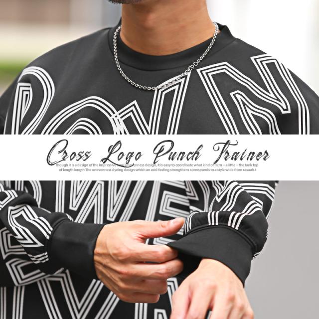 トレーナー メンズ スウェット ロゴ プリント クロス 総柄 メンズトレーナー 長袖 スエット クルーネック ポンチ ホワイト グレー ブラック ルーズ 韓国 5
