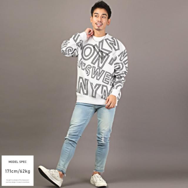 トレーナー メンズ スウェット ロゴ プリント クロス 総柄 メンズトレーナー 長袖 スエット クルーネック ポンチ ホワイト グレー ブラック ルーズ 韓国 7