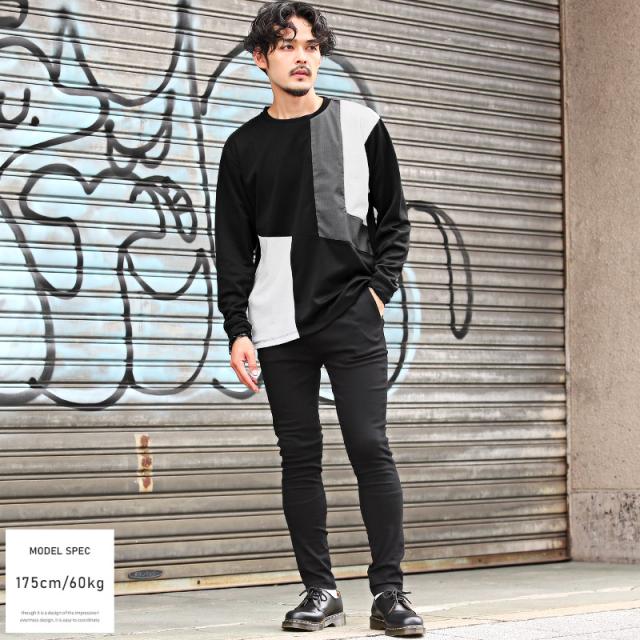 ロンT メンズ 長袖 Tシャツ 異素材 切替 ブロック 切替 カットソー トップス ポンチ リサイクル素材 エコ 再生ポリエステル クルーネック カジュアル 韓国 4