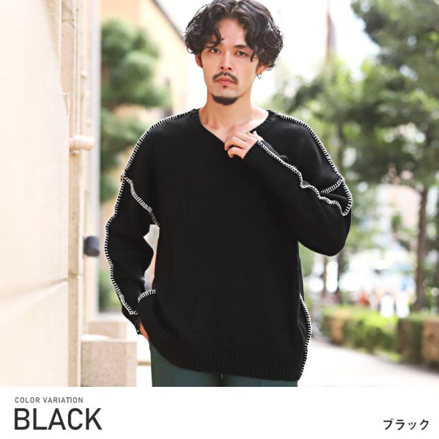 ニット・メンズ・セーター・ビッグシルエット・クルーネック・ステッチ・ニットソー・メンズニット・ニットセーター・ゆるニット・無地・バイカラー 3