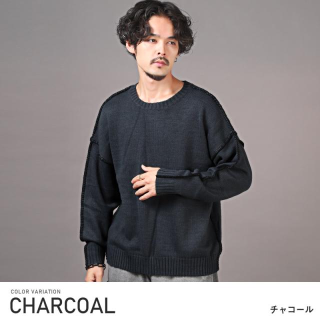 ニット・メンズ・セーター・ビッグシルエット・クルーネック・ステッチ・ニットソー・メンズニット・ニットセーター・ゆるニット・無地・バイカラー 5