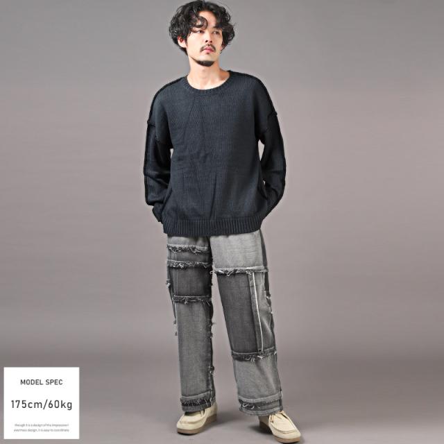 ニット・メンズ・セーター・ビッグシルエット・クルーネック・ステッチ・ニットソー・メンズニット・ニットセーター・ゆるニット・無地・バイカラー 6