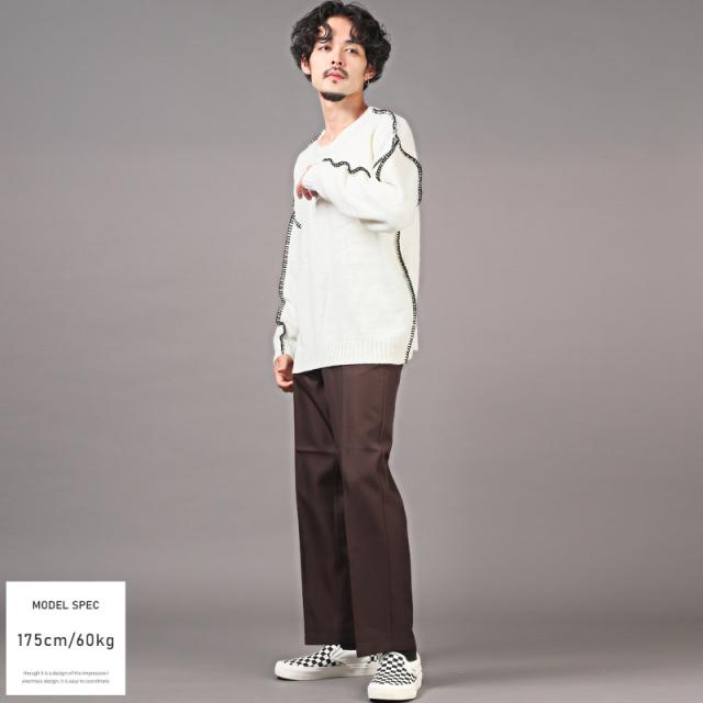 ニット・メンズ・セーター・ビッグシルエット・クルーネック・ステッチ・ニットソー・メンズニット・ニットセーター・ゆるニット・無地・バイカラー 9