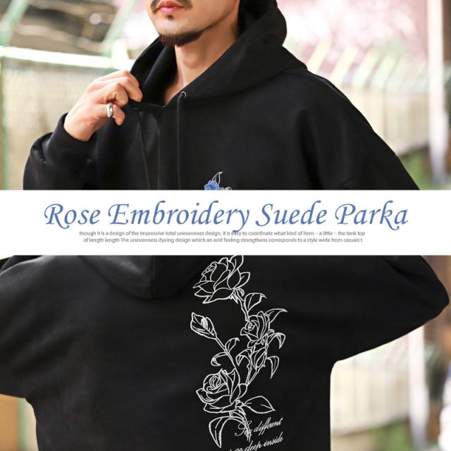 パーカー・メンズ・スウェード・ビッグシルエット・薔薇・刺繍・ロゴ・メンズパーカー・プルオーバー・フード・スエード・ルーズ・花・バラ・ローズ・ゆったり 6
