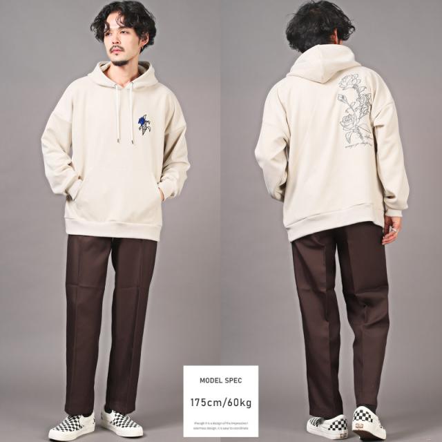 パーカー・メンズ・スウェード・ビッグシルエット・薔薇・刺繍・ロゴ・メンズパーカー・プルオーバー・フード・スエード・ルーズ・花・バラ・ローズ・ゆったり 9