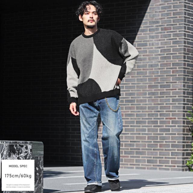 ニット・セーター・メンズ・レディース・ジャガード・変則柄・オーバーサイズ・総柄・秋冬・メンズニット・トップス・クルーネック・長袖・ゆったり・ユニセックス 4