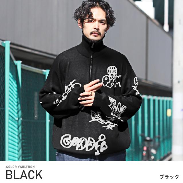 ニット・メンズ・セーター・ハーフジップ・ロゴ・グラフィティ・スタンドネック・メンズニット・メンズセーター・ビッグシルエット・ルーズ・ストリート 3