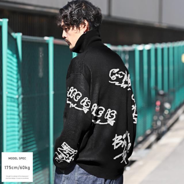 ニット・メンズ・セーター・ハーフジップ・ロゴ・グラフィティ・スタンドネック・メンズニット・メンズセーター・ビッグシルエット・ルーズ・ストリート 4