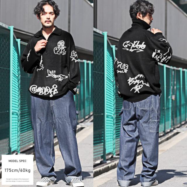 ニット・メンズ・セーター・ハーフジップ・ロゴ・グラフィティ・スタンドネック・メンズニット・メンズセーター・ビッグシルエット・ルーズ・ストリート 5