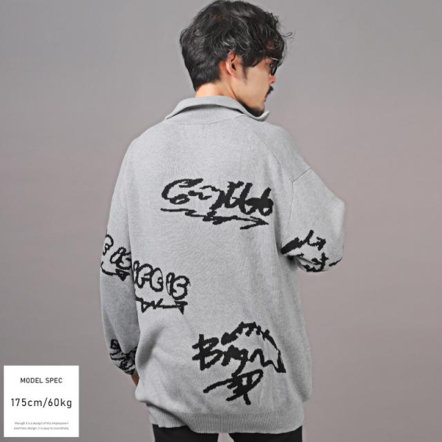 ニット・メンズ・セーター・ハーフジップ・ロゴ・グラフィティ・スタンドネック・メンズニット・メンズセーター・ビッグシルエット・ルーズ・ストリート 8