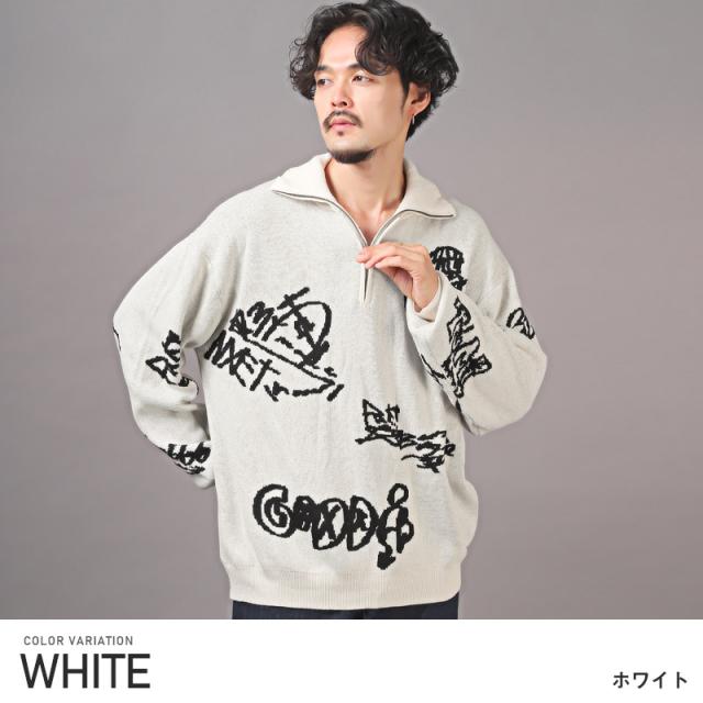 ニット・メンズ・セーター・ハーフジップ・ロゴ・グラフィティ・スタンドネック・メンズニット・メンズセーター・ビッグシルエット・ルーズ・ストリート 10