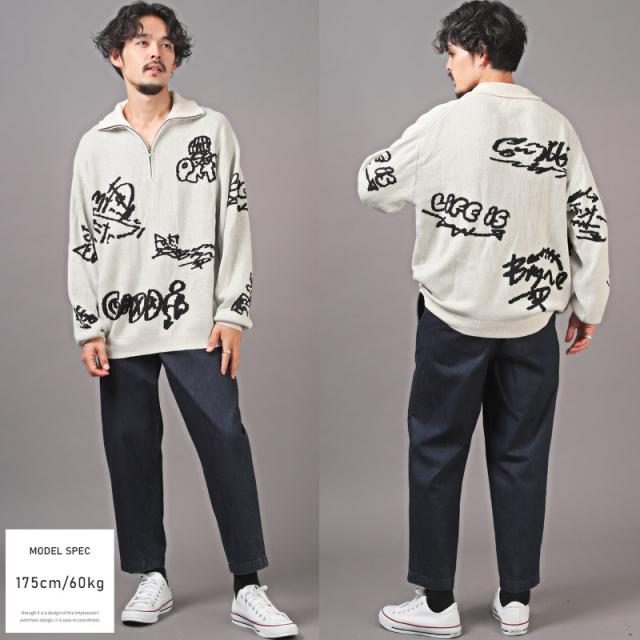 ニット・メンズ・セーター・ハーフジップ・ロゴ・グラフィティ・スタンドネック・メンズニット・メンズセーター・ビッグシルエット・ルーズ・ストリート 12