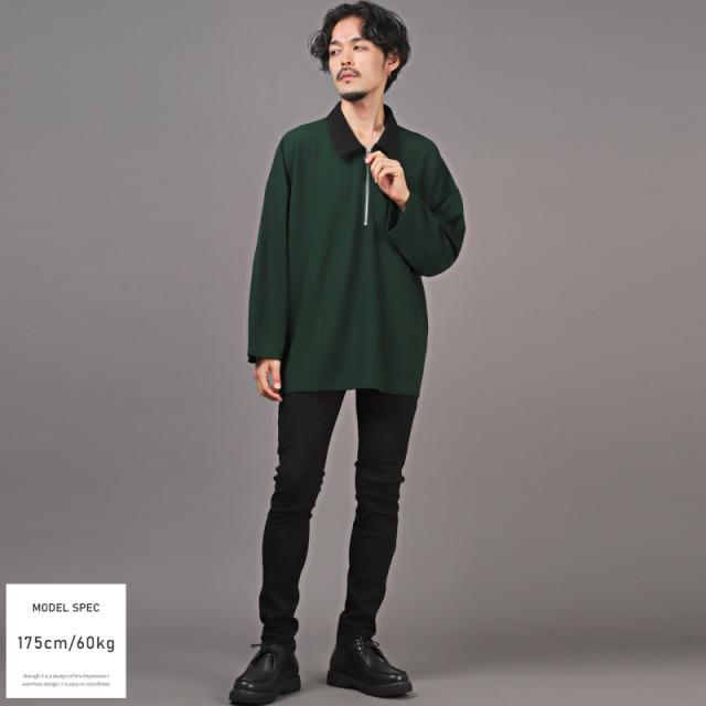 ロンT メンズ 長袖 Tシャツ ハーフジップ 切替 バイカラー カットソー トップス ドロップショルダー 配色 無地 モード 上品 ストリート 韓国 ユニセックス 9