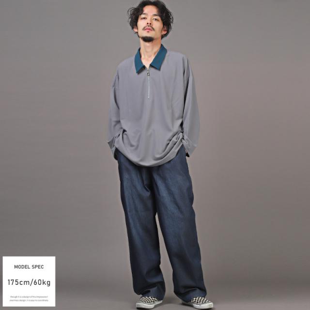 ロンT メンズ 長袖 Tシャツ ハーフジップ 切替 バイカラー カットソー トップス ドロップショルダー 配色 無地 モード 上品 ストリート 韓国 ユニセックス 7