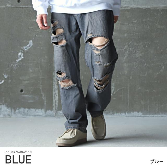 デニムパンツ メンズ ワイド バギーパンツ ダメージ ジーンズ ボトムス メンズパンツ ワイドパンツ イージーパンツ 無地 コットン 綿 太め アメカジ 韓国 4
