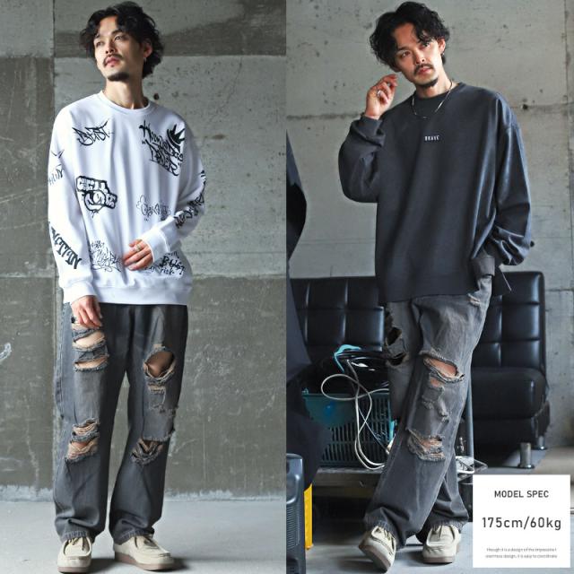 デニムパンツ メンズ ワイド バギーパンツ ダメージ ジーンズ ボトムス メンズパンツ ワイドパンツ イージーパンツ 無地 コットン 綿 太め アメカジ 韓国 5