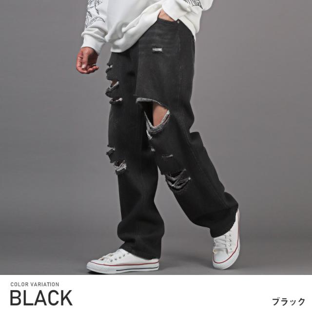 デニムパンツ メンズ ワイド バギーパンツ ダメージ ジーンズ ボトムス メンズパンツ ワイドパンツ イージーパンツ 無地 コットン 綿 太め アメカジ 韓国 9