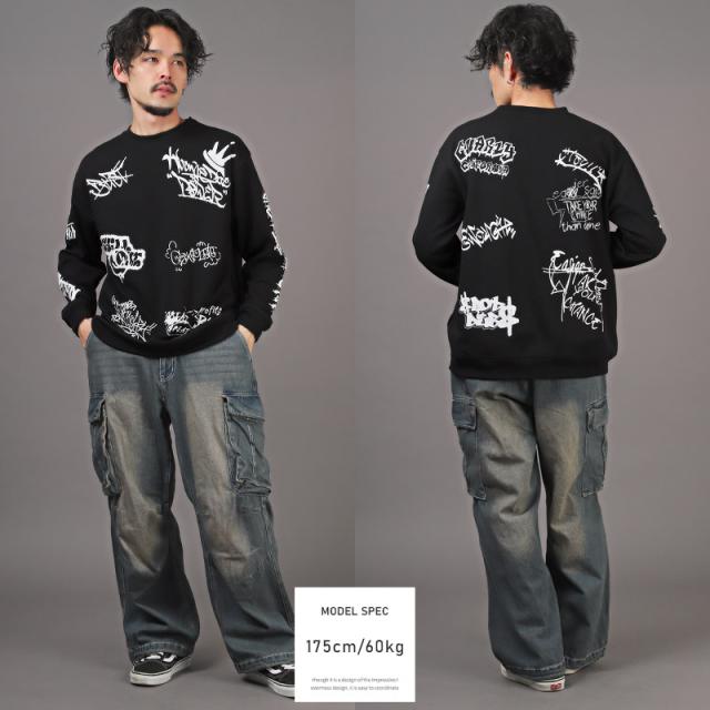 トレーナー・メンズ・スウェット・グラフィティ・落書き・プリント・ロゴ・総柄・メンズトレーナー・スエット・長袖・クルーネック・ホワイト・ブラック・イエロー 8