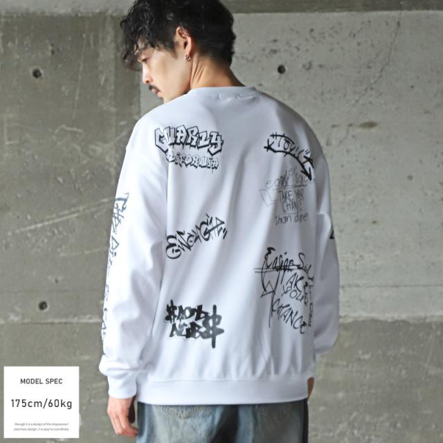 トレーナー・メンズ・スウェット・グラフィティ・落書き・プリント・ロゴ・総柄・メンズトレーナー・スエット・長袖・クルーネック・ホワイト・ブラック・イエロー 4