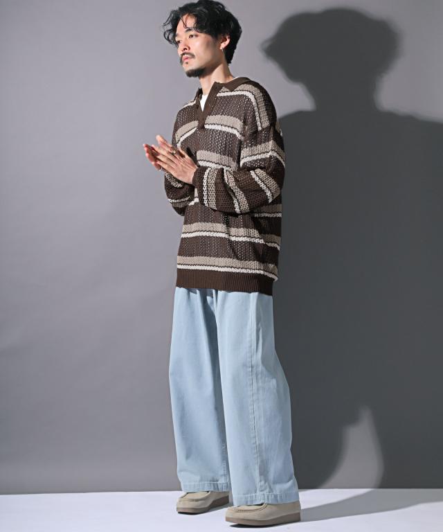 ポロシャツ・メンズ・長袖・ニット・メッシュ・ボーダー・総柄・透け感・ビッグシルエット・メンズポロシャツ・ニットソー・ドロップショルダー・重ね着 6