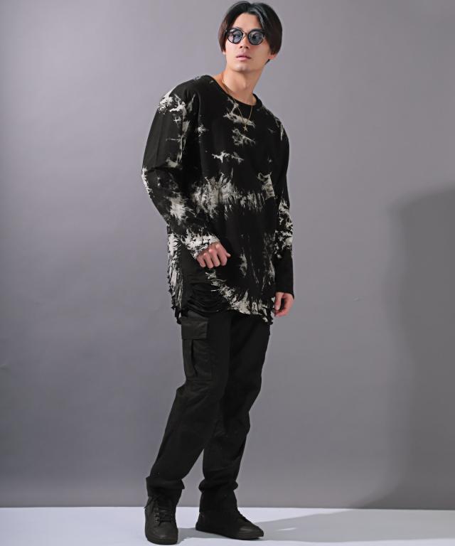 ロンT・メンズ・長袖Tシャツ・タイダイ・ムラ染め・ミニ裏毛メンズロンT・カットソー・ロング丈・ダメージ・クラッシュ加工・オーバーサイズ・白・黒・赤 6
