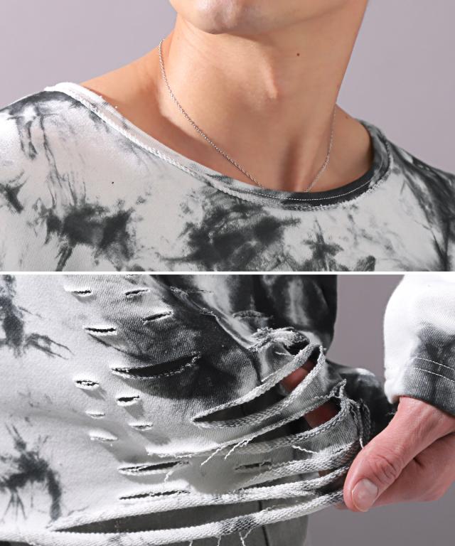ロンT・メンズ・長袖Tシャツ・タイダイ・ムラ染め・ミニ裏毛メンズロンT・カットソー・ロング丈・ダメージ・クラッシュ加工・オーバーサイズ・白・黒・赤 7