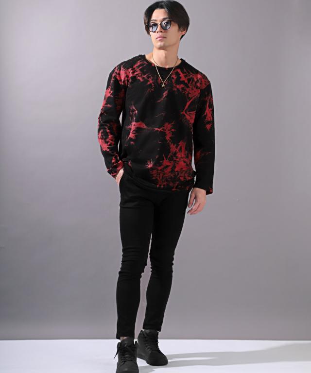 ロンT・メンズ・長袖Tシャツ・タイダイ・ムラ染め・ミニ裏毛メンズロンT・カットソー・ロング丈・ダメージ・クラッシュ加工・オーバーサイズ・白・黒・赤 11