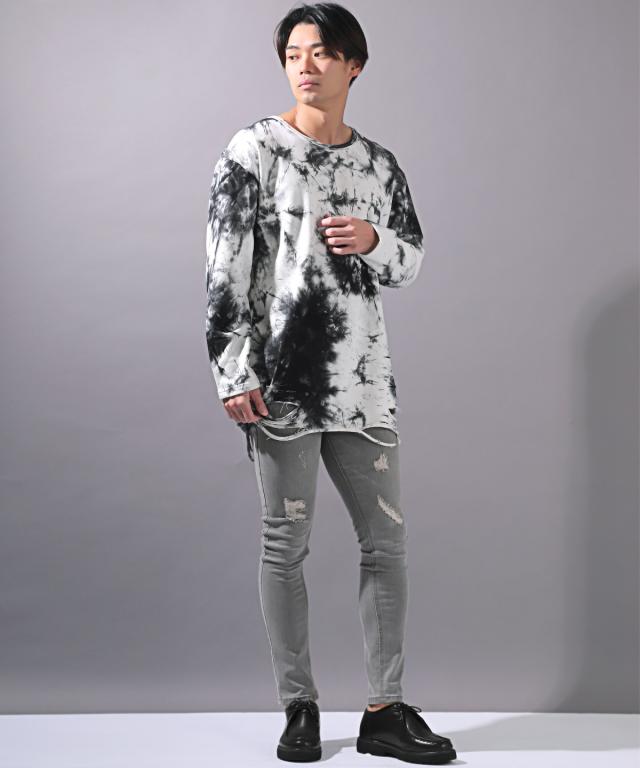 ロンT・メンズ・長袖Tシャツ・タイダイ・ムラ染め・ミニ裏毛メンズロンT・カットソー・ロング丈・ダメージ・クラッシュ加工・オーバーサイズ・白・黒・赤 9