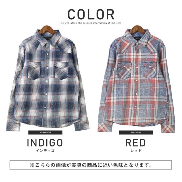 長袖シャツ・メンズ・チェック・ウエスタンシャツ・インディゴ・ポケット・メンズシャツ・チェックシャツ・ケミカルウォッシュ・色落ち・レギュラーカラー 14
