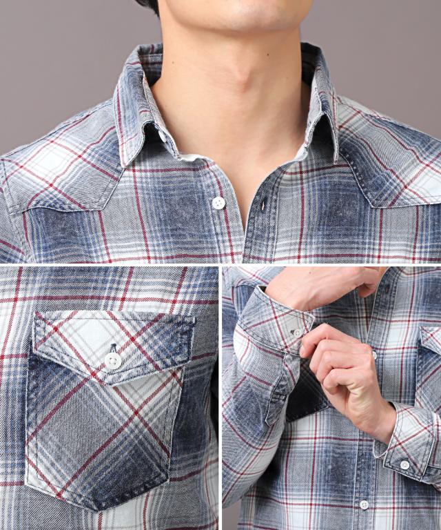 長袖シャツ・メンズ・チェック・ウエスタンシャツ・インディゴ・ポケット・メンズシャツ・チェックシャツ・ケミカルウォッシュ・色落ち・レギュラーカラー 7