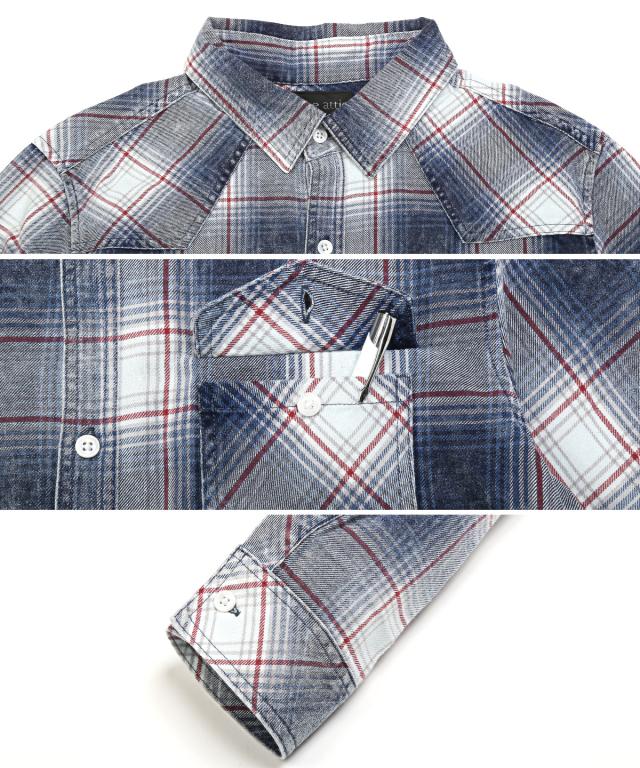 長袖シャツ・メンズ・チェック・ウエスタンシャツ・インディゴ・ポケット・メンズシャツ・チェックシャツ・ケミカルウォッシュ・色落ち・レギュラーカラー 11