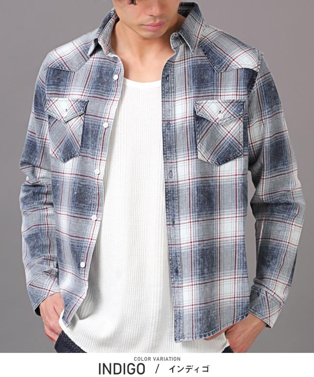 長袖シャツ・メンズ・チェック・ウエスタンシャツ・インディゴ・ポケット・メンズシャツ・チェックシャツ・ケミカルウォッシュ・色落ち・レギュラーカラー 8