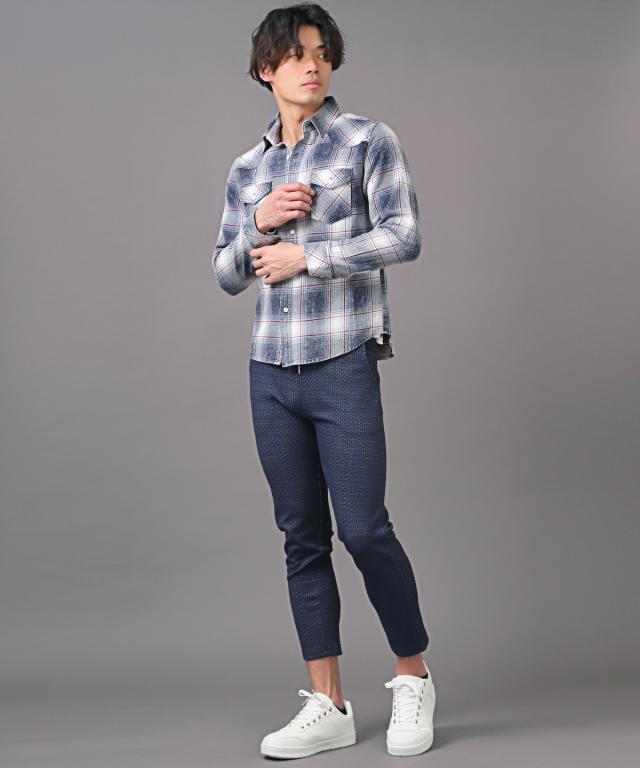 長袖シャツ・メンズ・チェック・ウエスタンシャツ・インディゴ・ポケット・メンズシャツ・チェックシャツ・ケミカルウォッシュ・色落ち・レギュラーカラー 9