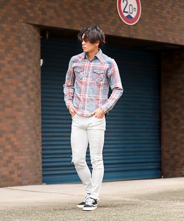 長袖シャツ・メンズ・チェック・ウエスタンシャツ・インディゴ・ポケット・メンズシャツ・チェックシャツ・ケミカルウォッシュ・色落ち・レギュラーカラー 3