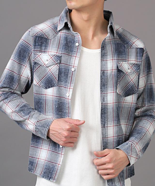 長袖シャツ・メンズ・チェック・ウエスタンシャツ・インディゴ・ポケット・メンズシャツ・チェックシャツ・ケミカルウォッシュ・色落ち・レギュラーカラー 4