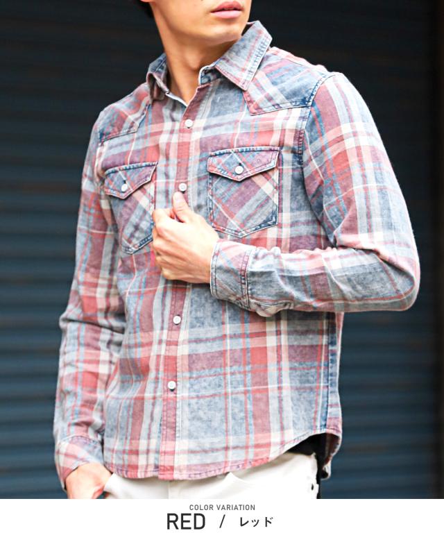 長袖シャツ・メンズ・チェック・ウエスタンシャツ・インディゴ・ポケット・メンズシャツ・チェックシャツ・ケミカルウォッシュ・色落ち・レギュラーカラー 5